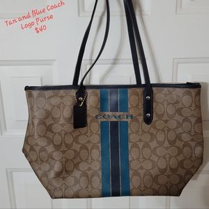 Tan and Blue Coach Logo Purse
